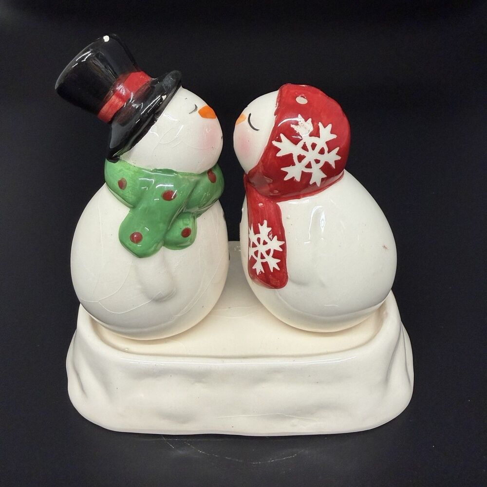 Vtg Snowman Salt Pepper Shakers w Tray Christmas Ceramic Mr Mrs Holiday Decor